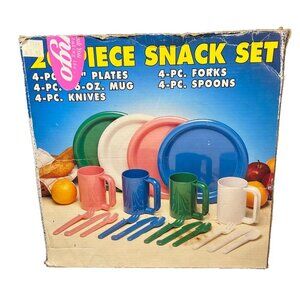 Vintage 20 Pc Snack Set Plastic Tableware 4 Person Setting Camping Picnic Orange